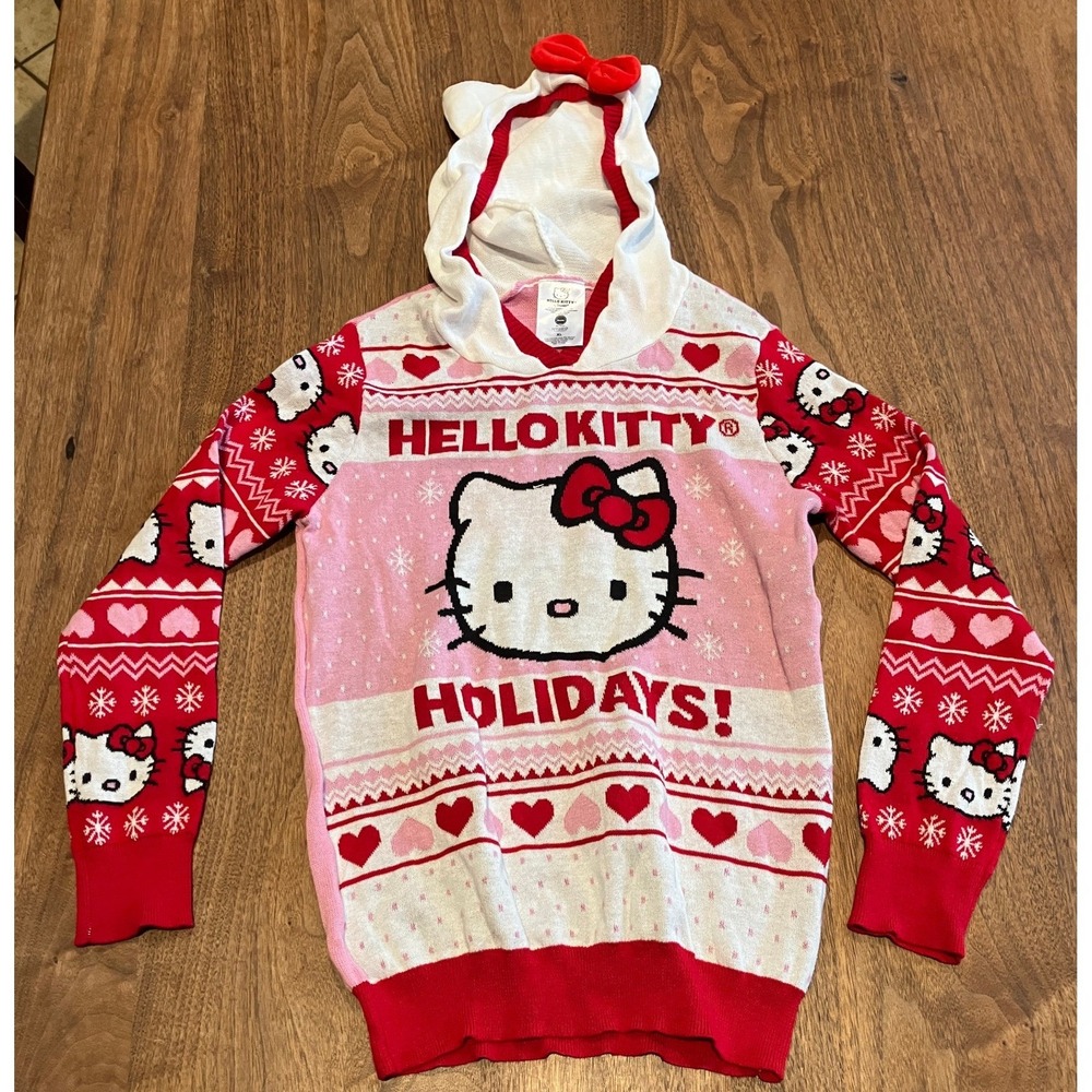 Hello Kitty Holidays Pink Red Fair Isle Hooded Sweater‎ Kids XL Sanrio 3D Ears
